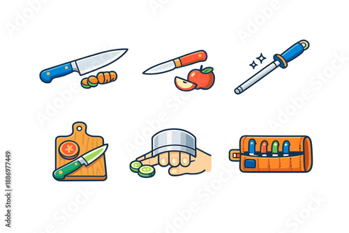 Different kitchen tools and knife techniques displayed in a simple arrangement on a light background