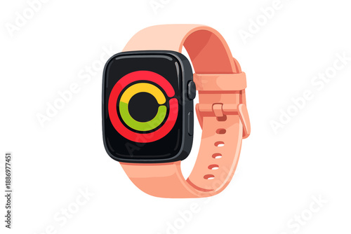 Smartwatch with colorful activity rings on a light pink strap displays health tracking features and notifications for users during their daily routines