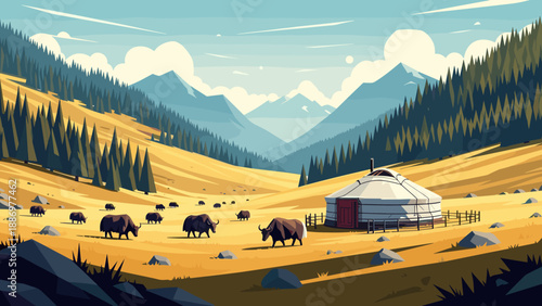 Herd of yaks grazing in a vast mountain valley with a traditional yurt dwelling