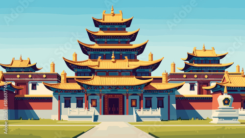 Vibrant illustration of a traditional Tibetan monastery with tiered golden roofs under a clear blue sky