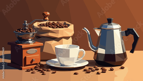 Vintage coffee grinder, beans, cup, and moka pot arranged for a perfect morning brew