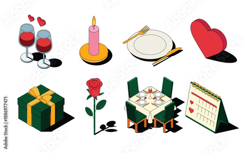 Valentine’s Day, romantic celebration and gift icons set, featuring love-themed elements, hearts, roses, chocolates, and festive decorations for anniversaries and special occasions.