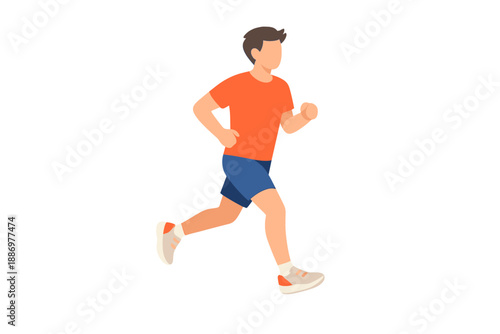 Runner moves down a clear path in a bright orange shirt and blue shorts during the day while keeping a steady pace