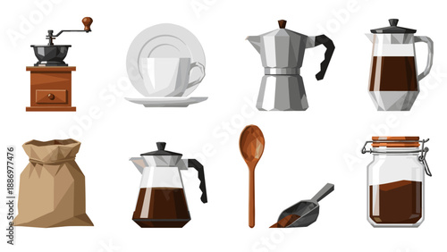Collection of coffee making and serving items in a low-poly, geometric style