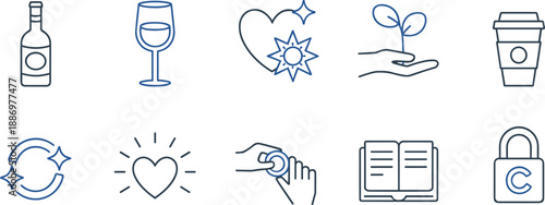Collection of line art icons for lifestyle and business on a white background wine bottle wine glass