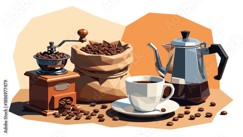 Vintage coffee grinder, burlap sack of beans, moka pot, and cup of coffee