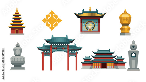 Collection of traditional East Asian architectural elements and decorative motifs