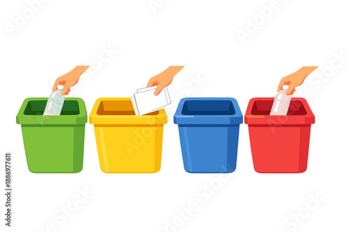 Sorting waste into bins for recycling in a clean environment with green, yellow, blue, and red containers