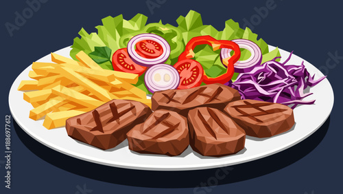 A low poly illustration of a steak dinner with fries and salad on a white plate