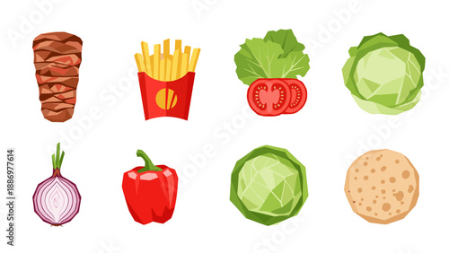 Collection of ingredients for making shawarma and other fast food dishes