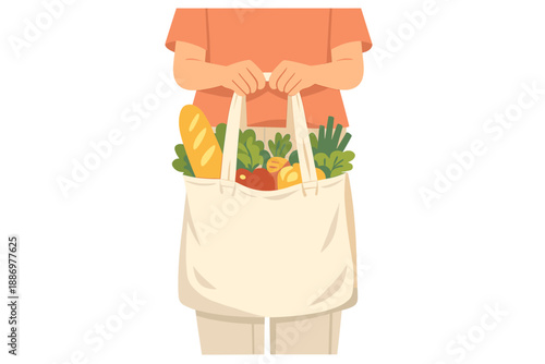 Person holds a bag filled with fresh vegetables and bread after shopping at the local market during the afternoon