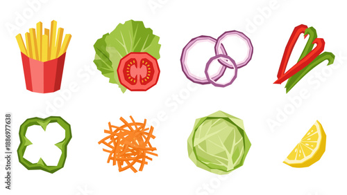 Collection of fresh ingredients for a healthy meal or burger preparation