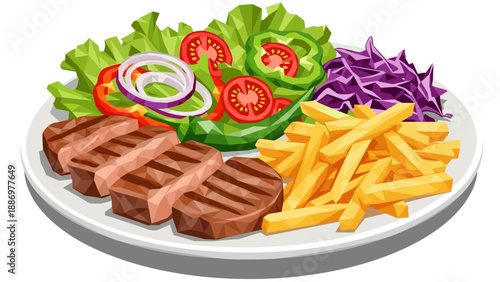 Polygonal art of grilled steak with vegetables and fries on plate