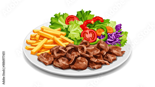 A delicious plate of gyro meat with french fries and a fresh salad