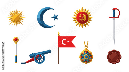Collection of Ottoman Empire symbols and artifacts, including a sun emblem, crescent moon, and sword