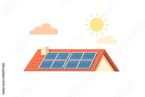 Solar panels installed on a roof under a sunny sky with clouds in the background at a location focused on renewable energy