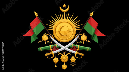 Ottoman Empire emblem with crescent moon, star, cannons, swords, and flags