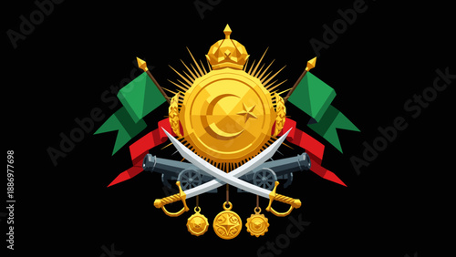 Ottoman empire emblem on black background with gold, green, and red accents