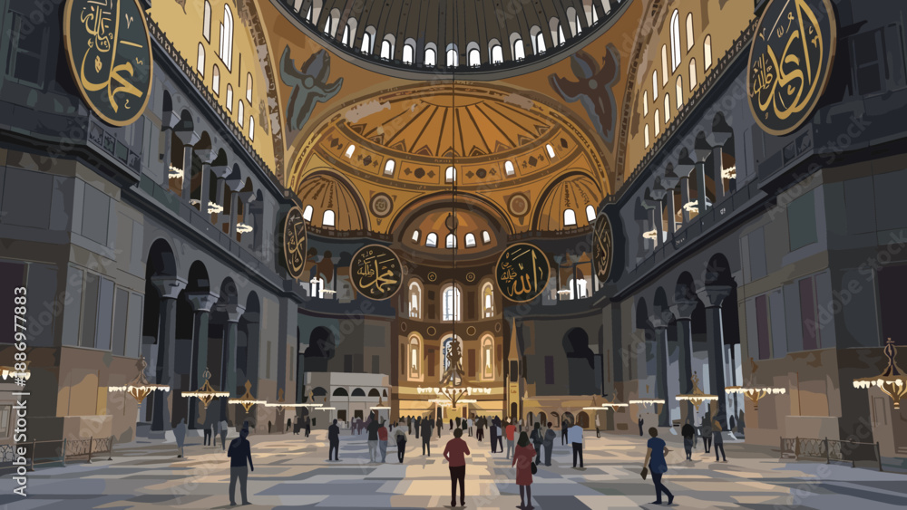 Obraz premium Stunning interior of historic mosque with intricate decorations and tourists exploring