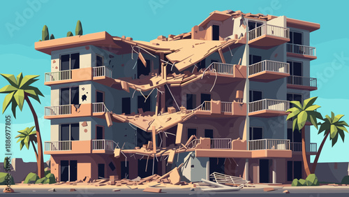 Collapsed modern building amidst palm trees in a flat design landscape