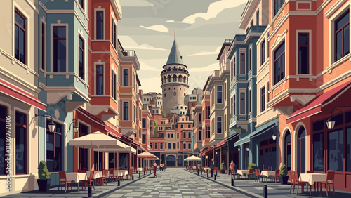Charming european street scene with historic tower and colorful architecture