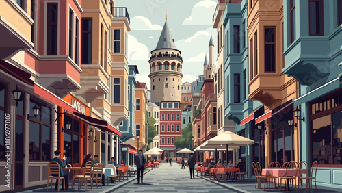 Charming urban street view with vintage tower and cafes