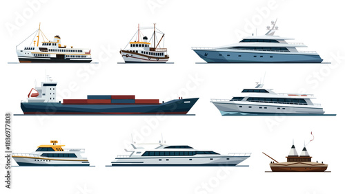 Collection of diverse watercraft including yachts, cargo ship, and ferry