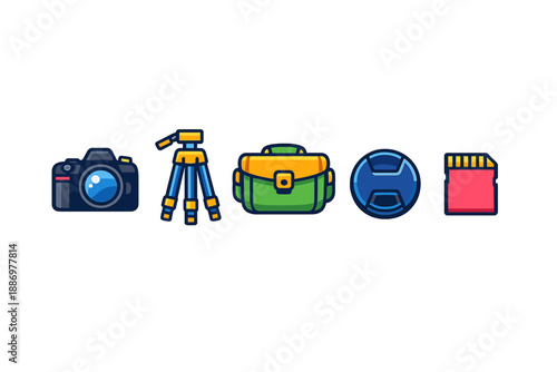 Camera equipment displayed in a flat layout showing a camera, tripod, bag, lens cap, and memory card on a white background