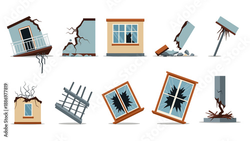 Earthquake damage: cracked buildings and shattered windows