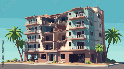 3d low poly damaged building with palm trees in urban landscape