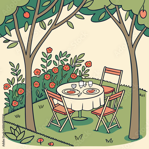 AR Garden Design: Outdoor Dining Area Concept Illustration