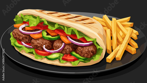 Delicious gyro sandwich with fresh vegetables and a side of golden french fries