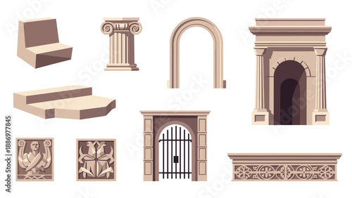 Collection of ancient architectural elements and decorative carvings in a flat design style