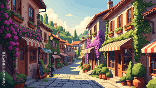Charming street in a european village with colorful shops and lush ivy