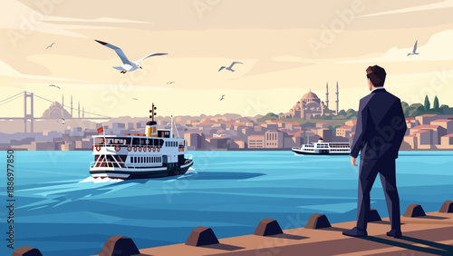 Businessman overlooking Istanbul skyline with ferries and seagulls in the Bosphorus