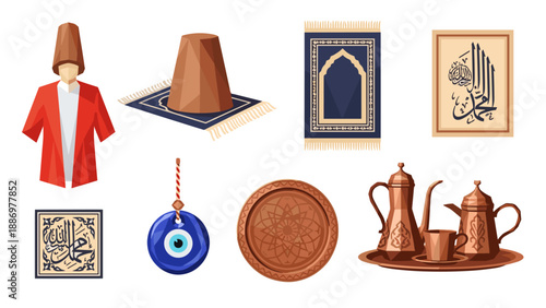 Traditional Islamic cultural symbols and artifacts collection, vector illustration
