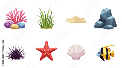 Colorful marine elements with corals, starfish, seaweed, and rock in flat style