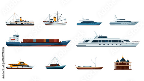 Collection of flat nautical vessels: yachts, cargo ships, and traditional boats