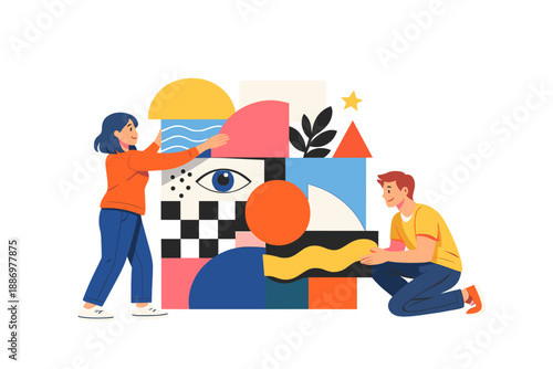 Two people work together to create a colorful mural in a creative studio during the day while using geometric shapes and patterns