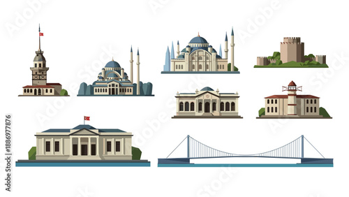 Iconic landmarks of istanbul in flat design