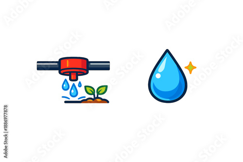 Watering system with a plant sprouting in soil and a shiny water droplet representing irrigation and water conservation efforts