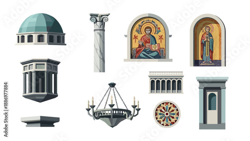 Collection of architectural elements and religious art in a flat design style