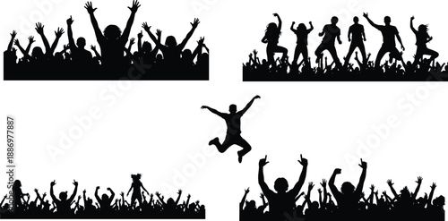 Excited dancing crowd silhouette set with jumping people raised hands and celebration energy isolated on white background for concert festival party event illustration design