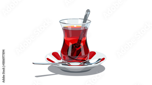 Traditional turkish tea in a glass with spoon and saucer on white background