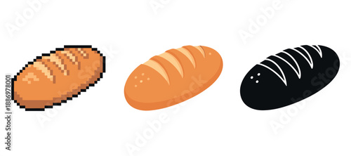 Variety of loaf bread: pixel, cartoon, silhouette on white background