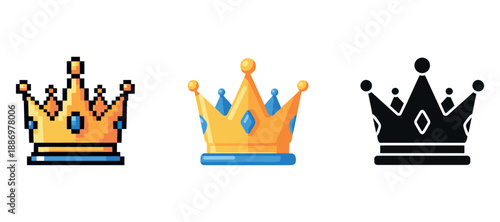 Three crown designs: pixel art, colorful illustration, silhouette on white background