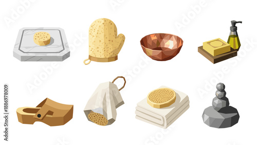 Minimalist geometric bath accessories collection in low poly style