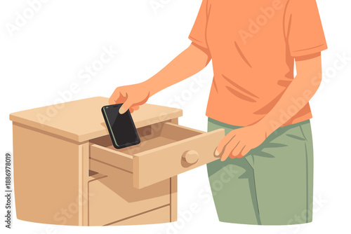 Person puts smartphone in drawer of wooden nightstand in a simple room during the afternoon