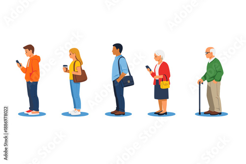 People standing in a line using mobile phones in a modern setting during a daytime gathering