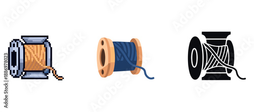 Pixelated, flat, and silhouette spools of thread on white background